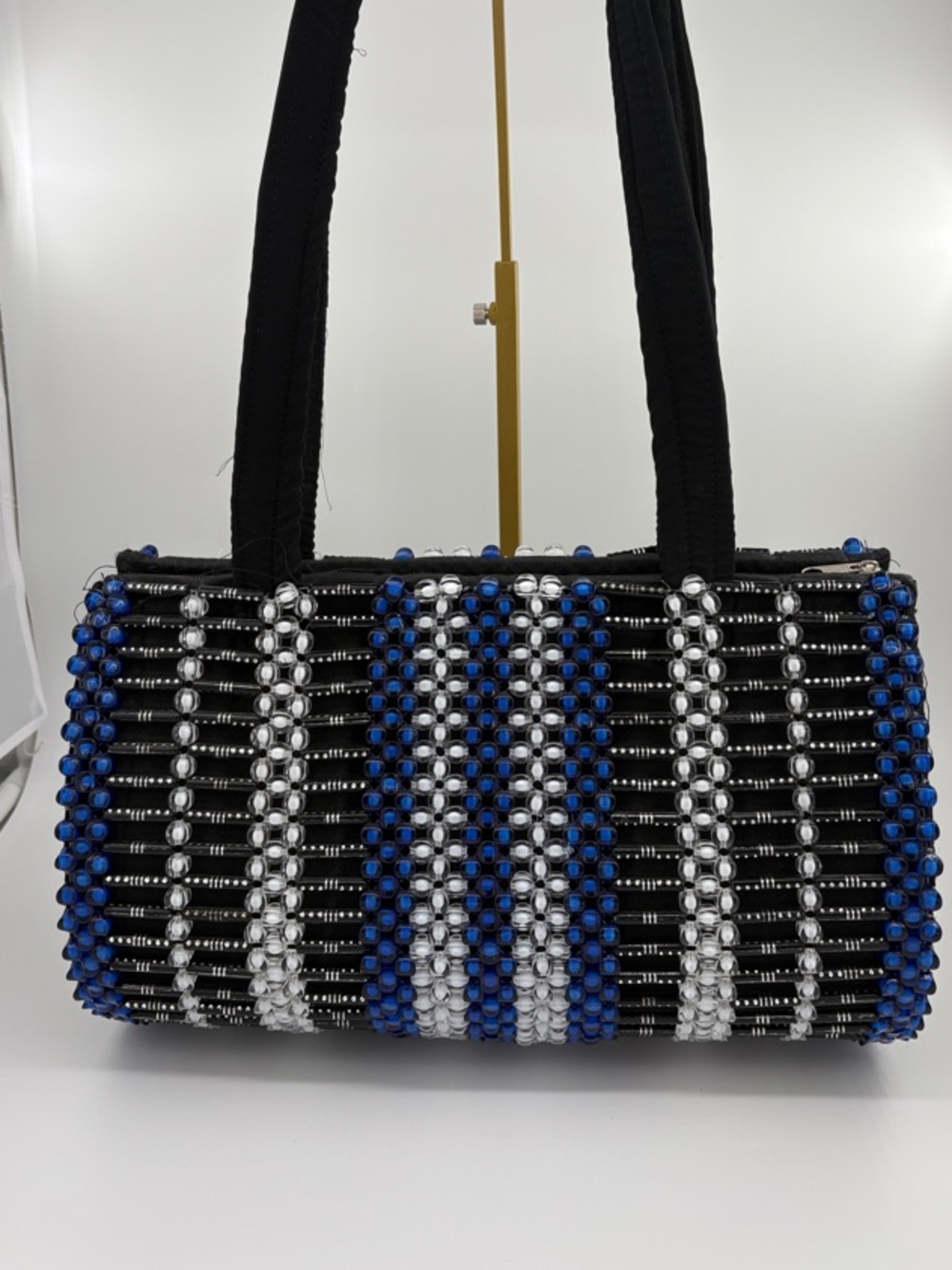 Handmade African Black Beaded Shoulder Bag with Blue and Silver Accents
